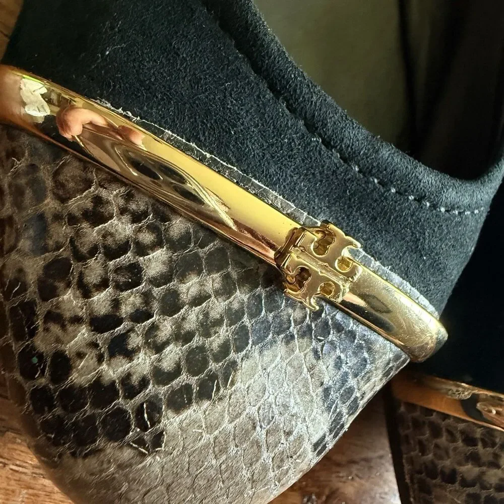 Tory Burch Pacey Driver Black Suede & Snakeskin With Gold Bar Ballet Flats 10.5